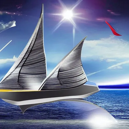 Prompt: marvel comic style futuristic sail ship with solar panel sails mid-journey, robot sailors