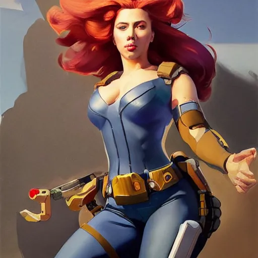 Image similar to greg manchess portrait painting of partially armored scarlett johansson as overwatch character, medium shot, asymmetrical, profile picture, organic painting, sunny day, matte painting, bold shapes, hard edges, street art, trending on artstation, by huang guangjian and gil elvgren and sachin teng