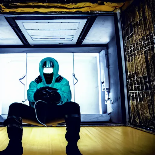 Prompt: a human sitting in an isolator room on an alien spaceship plotting their escape from their confinement while holding a tool