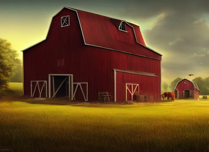 Image similar to A barn at an Iowan farm, barndoors broken open, game art matte painting hyperdetailed, artstation, cgsociety, 8k, surreal dream landscape