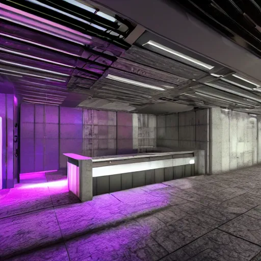 Image similar to wide angle shot of an underground night club with three levels which is located two floors underground in the parking a lot of a very stylish hotel, with minimal hip - hop lighting design, hyper realistic, octane render, award winning image