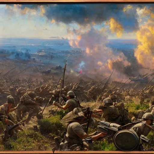 Prompt: detailed cinematic wide shot of world war 2 battle, ultra realistic, spring light, painting by gaston bussiere, craig mullins, j. c. leyendecker