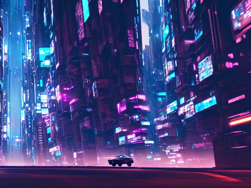 Image similar to vehicle flying through a cyberpunk city 4 k, hyper detailed