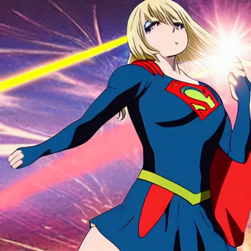 Image similar to anime visual of supergirl shooting laserbeams from her eyes