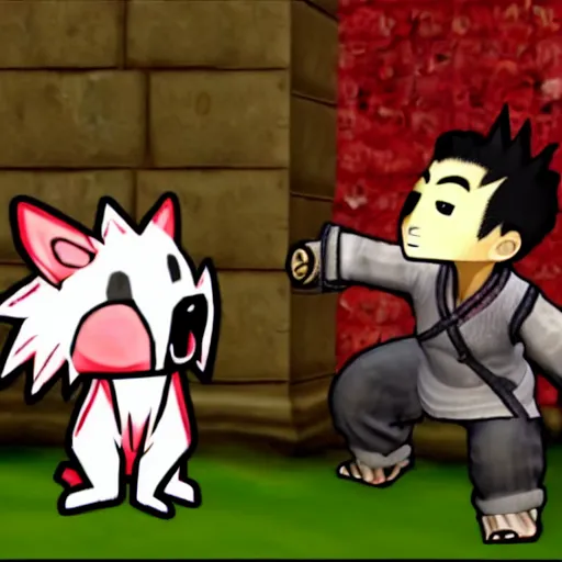 Image similar to Markiplier was absorbed into the Okami game. He must now befriend Okami in order to escape. Screenshot of the Markiplier character in the Playstation 2 game Okami. HDR, 4k, 8k, Okami being petted by Markiplier, who is looking at the camera.