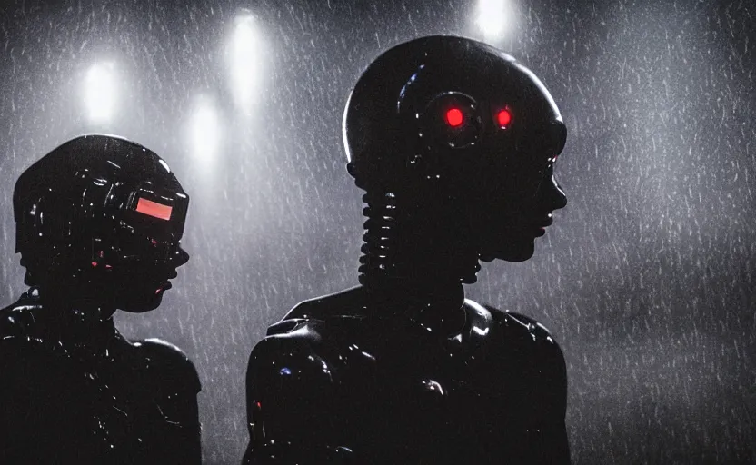 Prompt: cinestill 5 0 d candid photographic portrait by christopher nolan of two loving female androids wearing rugged black mesh techwear in treacherous waters, extreme closeup, modern cyberpunk moody emotional cinematic, pouring rain menacing military helicopter lights, 8 k, hd, high resolution, 3 5 mm, f / 3 2, ultra realistic faces, ex machina