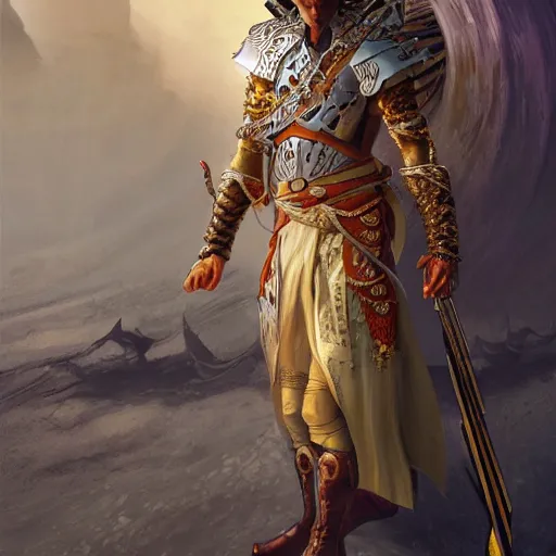 Image similar to a arab warrior with an arabian outfit, by alex gray and android jones, karol bak, ayami kojima, amano, moebius, concept art, character design, fantasy, 3 d, 8 k resolution