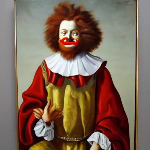 Image similar to oil painting of 1 7 th century king ronald mcdonald with shifty eyes