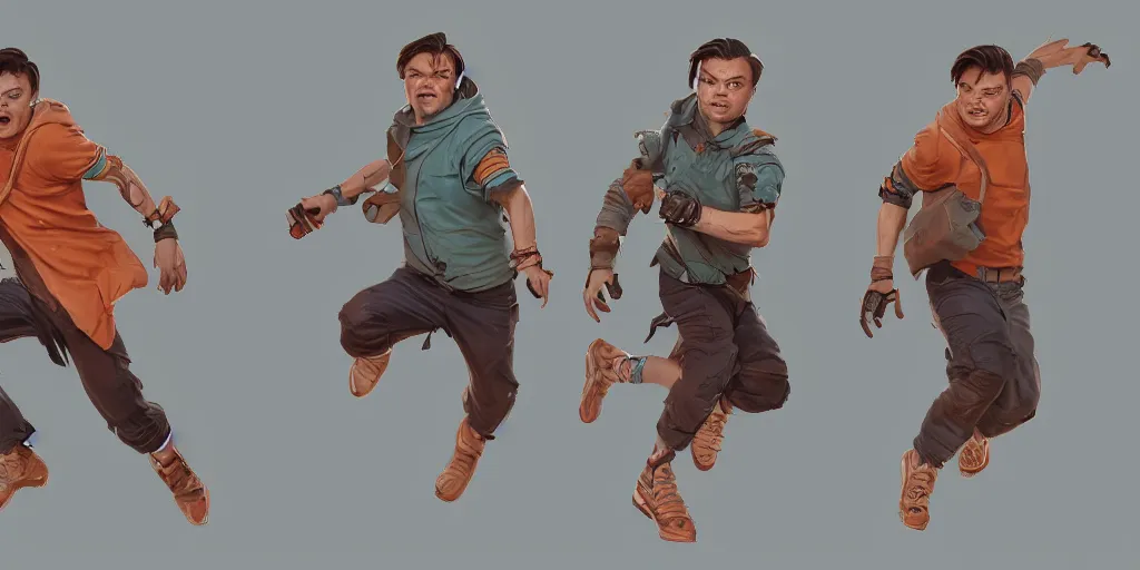 Image similar to cartoonish little leo di caprio running, vivid colors, character sheet, fine details, concept design, contrast, kim jung gi, greg rutkowski, trending on artstation, 8 k, full body, turnaround, front view, back view, ultra wide angle