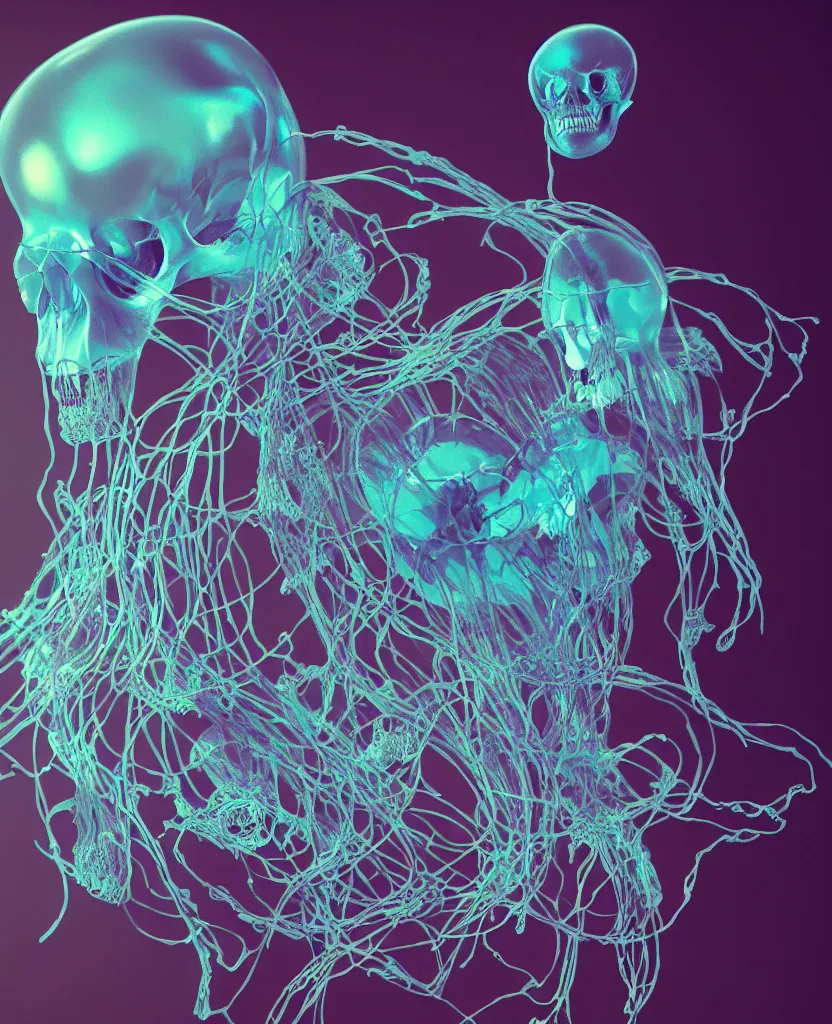 Image similar to composition of human skulls, animals skulls, bones, rib-cage. jellyfish orchids and betta fish, bioluminiscent, intricate artwork by Tooth Wu and wlop and beeple. octane render, trending on artstation, greg rutkowski very coherent symmetrical artwork. cinematic, hyper realism, high detail, octane render, 8k