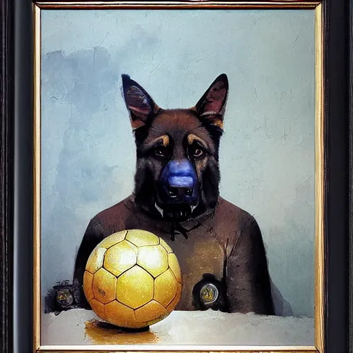 Image similar to a humanoid german shepherd beast - man, sitting and watching a soccer match in his house on television, he has hurt his knee and is a dad, by erin hanson, alexi zaitsev, karl spitzweg, award winning, tv set