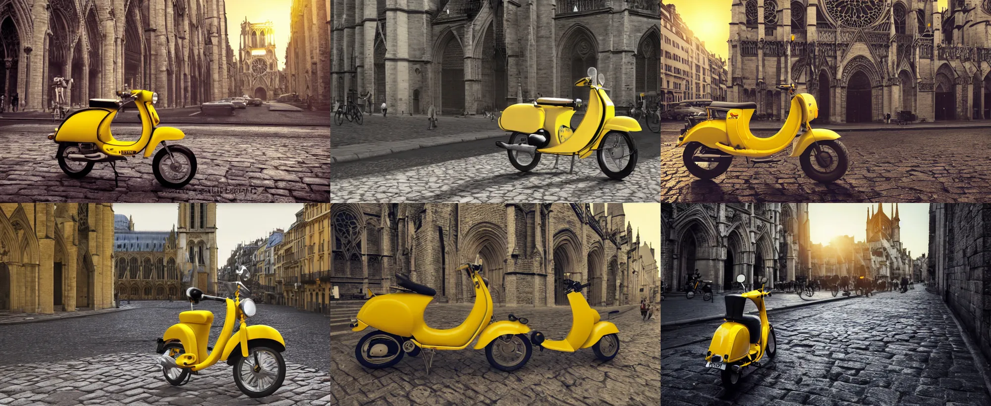 Prompt: vintage yellow moped ( ( mobylette ) ) driven by hipster past notre dame cathedral over crowded cobblestone at sunrise, concept art, octane render, unreal engine 5, trending on artstation, high quality, 8 k, soft lighting, path traced, hyperrealistic, highly detailed, digital art, symmetrical, cinematic, high coherence, godrays