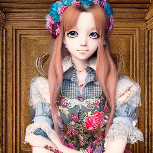 Image similar to highly detailed 3D render portrait young lady dressed in manga, floral renaissance dress