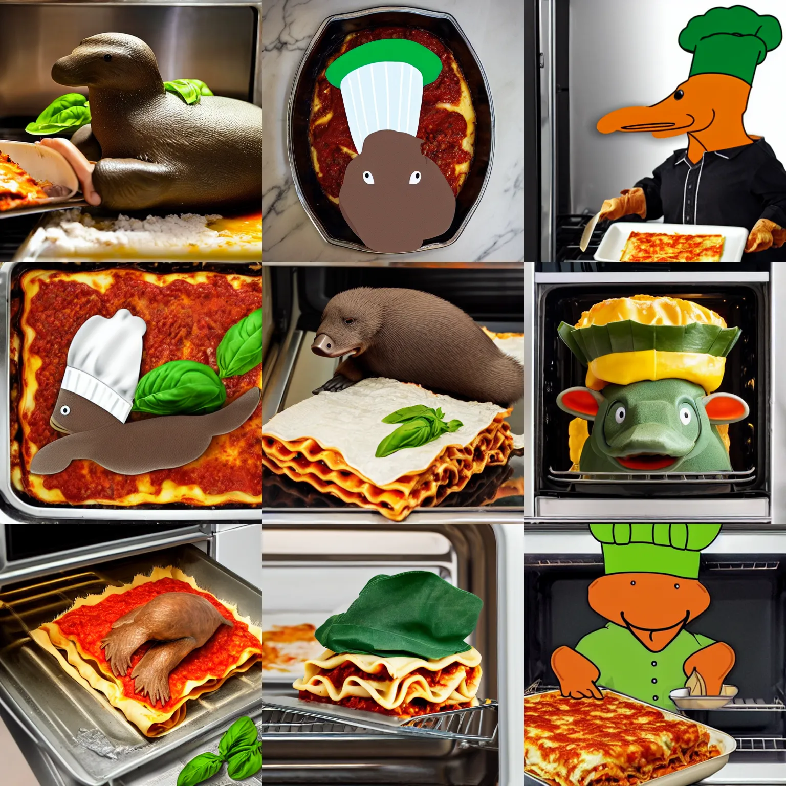 Image similar to platypus wearing a chef hat while putting a lasagna in an oven, with three basil leaves over the lasagna