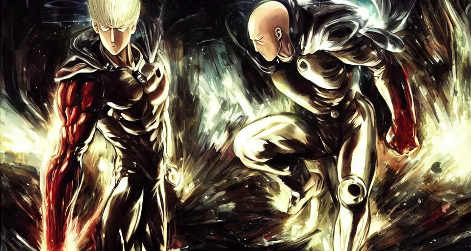 Prompt: one punch man vs donald trump by h. r. giger and greg rutkowski - elden ring