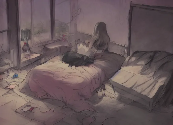 Image similar to placid gloomy dusk messy bedroom trending on pixiv