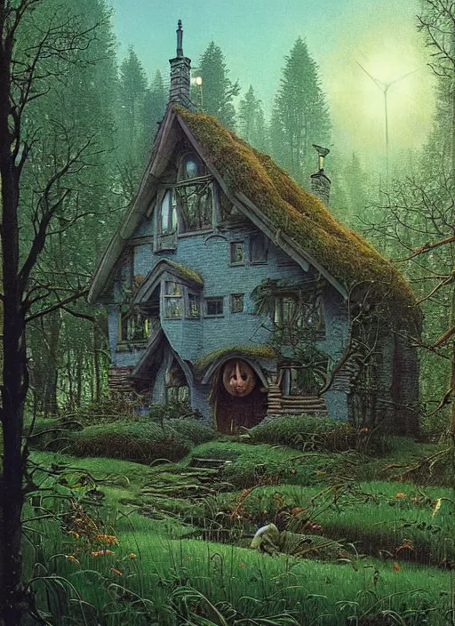 Image similar to hyper realistic witch cottage with mood lighting and technology in the woods gorgeous lighting, sunbeams blue sky, highly detailed, lush forest foliage painting by zdzisław beksinski and norman rockwell and greg rutkowski weta studio, and lucasfilm