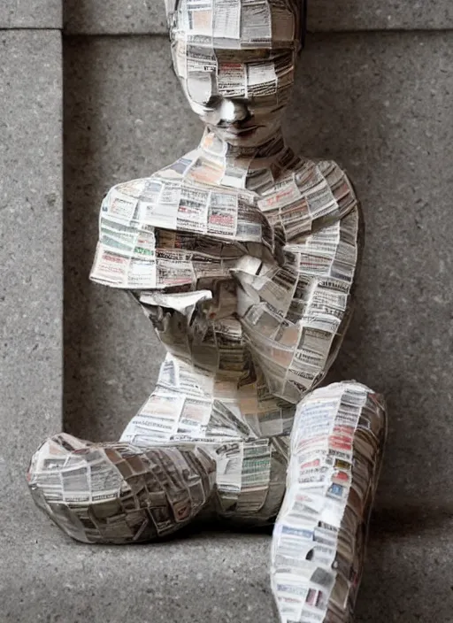 Image similar to a portrait of a beautiful young woman paper mache wrapped and made of newspaper, sitting relax and happy, marble stairs on the the backgroundhyper realistic, 8 k,