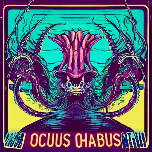 Prompt: Chtulu octupus monster skateboarding, synthwave