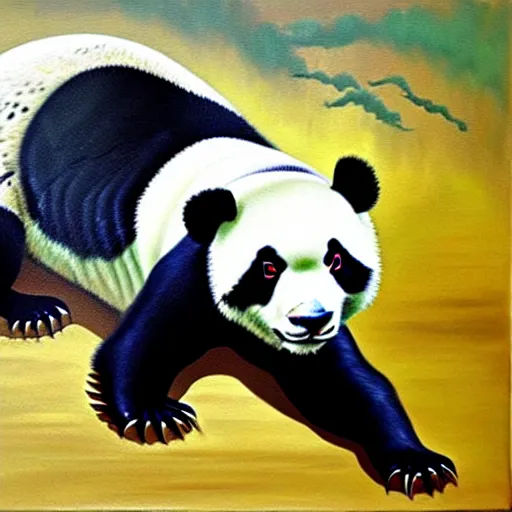 Image similar to oil painting of panda - crocodile hybrid with striking crocodile scales, and piercing eyes, by hayao miyazaki