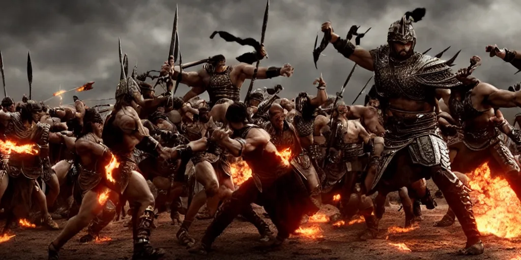 Image similar to epic battle screen of hero, film still from the movie'3 0 0'( 2 0 0 6 ), 3 d, 8 k realistic, cryengine, playstion 5 screen, cinematic lighting