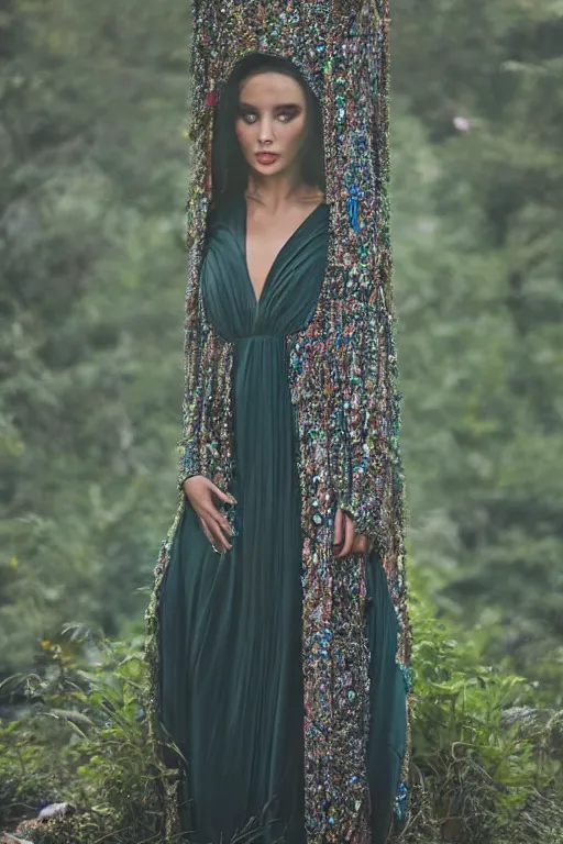 Prompt: mystically beautiful woman wearing a long jade dress, long sleeves, hyperdetailed, magical, vivid coors