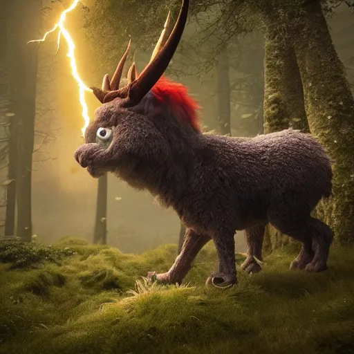 Prompt: creature fluffy animal with horns and short legs and arms and red eyes, forest scene, ((((((((((((((((octane render)))))))))))))))), highly detailed, cinematic lightning, epic fantasy style art