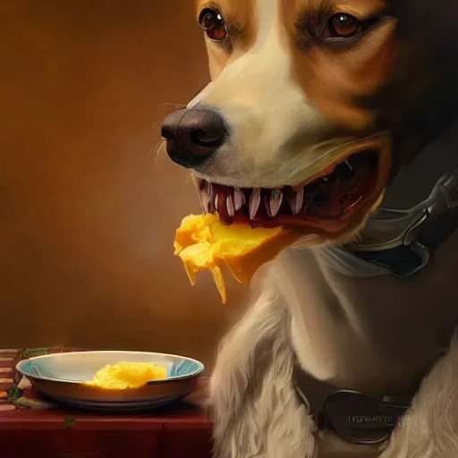 Image similar to a portrait of Dog devouring cheese, highly detailed, digital painting, artstation, concept art, sharp focus, illustration, art by artgerm and greg rutkowski and alphonse mucha