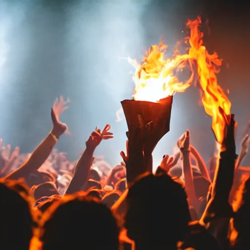 Prompt: Modern worship leader burning a Bible on stage, dramatic lighting, crowd cheering