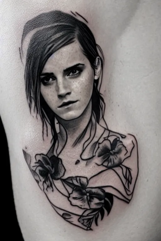 Image similar to emma watson, dope tattoo, hyperrealistic