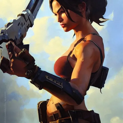 Image similar to greg manchess portrait painting of partially armored lara croft as overwatch character, close - up shot, asymmetrical, profile picture, organic painting, sunny day, matte painting, bold shapes, hard edges, street art, trending on artstation, by huang guangjian and gil elvgren and sachin teng