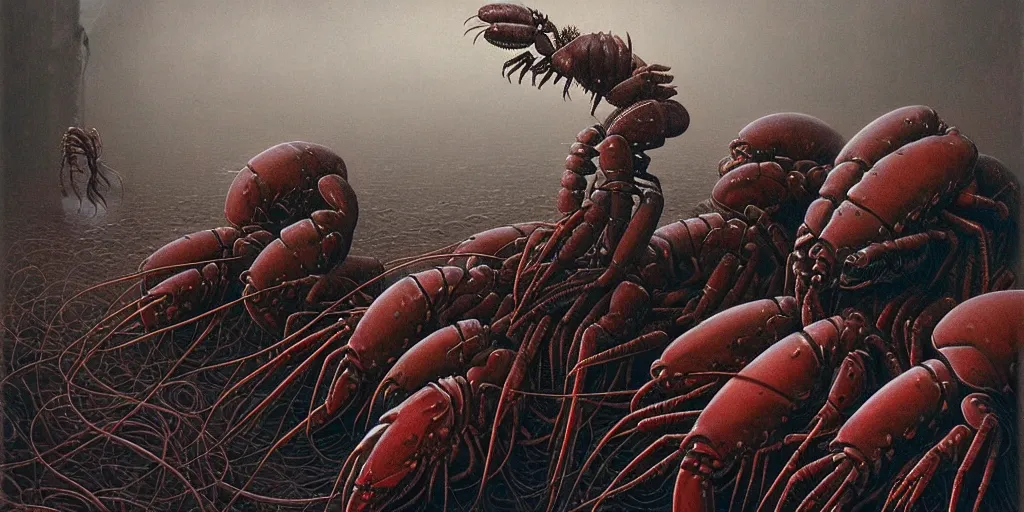 Image similar to painting of lobster like creatures with surrealistic morphed skeletons roaming the streets of Amsterdam, Zdzislaw Beksinski, Wayne Barlowe, Joe Fenton, gothic, cosmic horror, biomorphic, lovecraftian, amazing details, cold hue's, warm tone gradient background