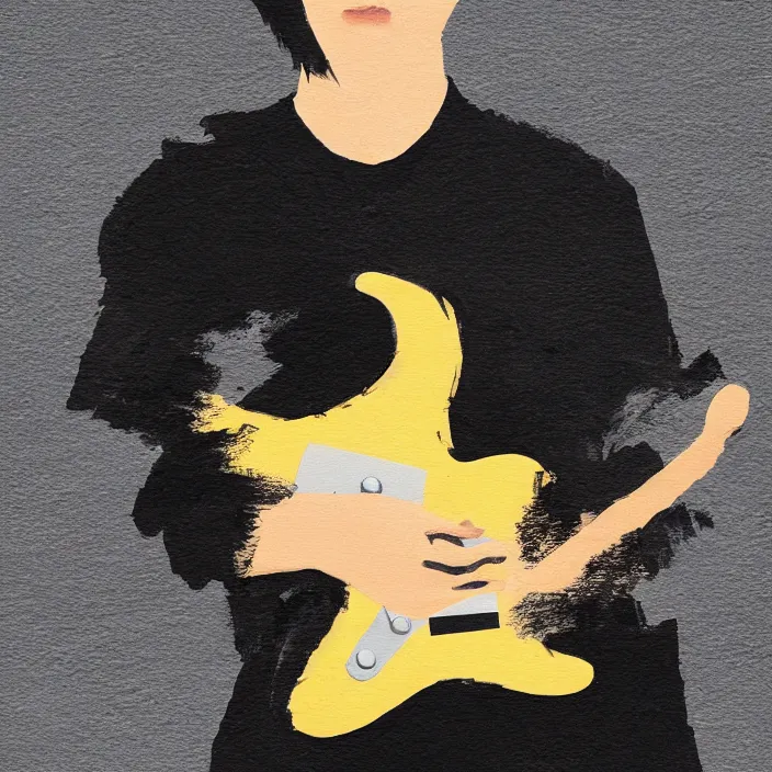 Image similar to minimal brush painting of a young korean man wearing black t shirt holding a telecaster electric guitar!!, dark background, huge dramatic brush strokes, matte colors, abstract, masterpiece, trending on artstation