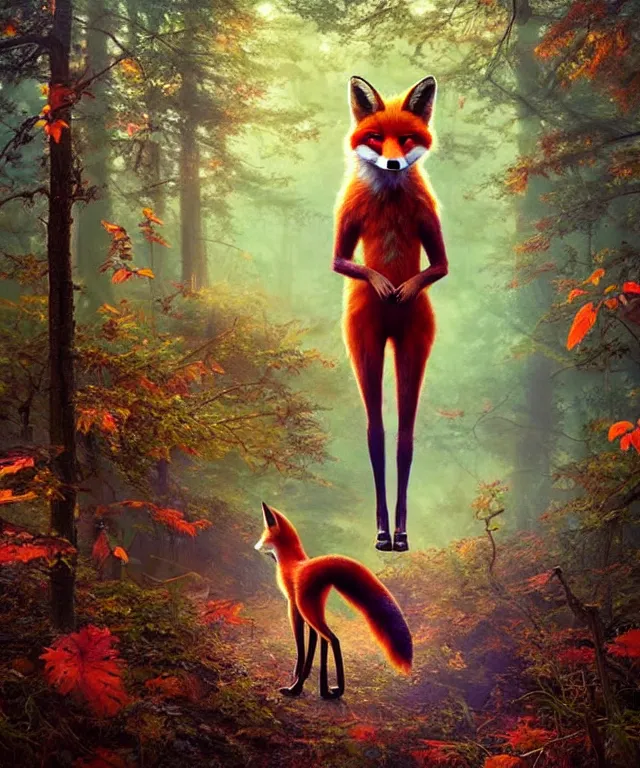 Image similar to a single realistic fox, walking through a psychedelic forest, wide angle landscape shot, pixar style by tristan eaton, artgerm and tom bagshaw