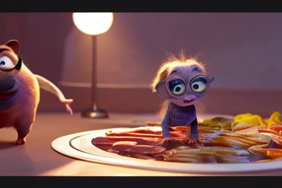 Image similar to “ very very high quality pixar movie screenshot of a tiny human on top of a gigantic rat cooking in the kitchen, rendered in octane 8 k with detailed cinematic lighting and shading, award - winning crisp details ”