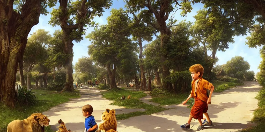 Prompt: a young boy meets a lion on his way to school in a friendly suburban street with trees and blue sunny sky, highly detailed, extremely real, no faces, digital painting, artstation, concept art, sharp focus, illustration, vivid bright colors, d & d, fantasy, hearthstone, art by artgerm and greg rutkowski and alphonse mucha