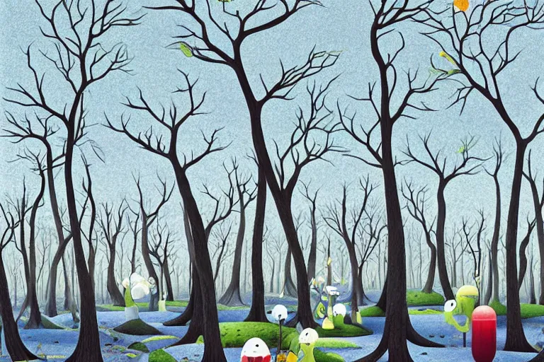 Prompt: A surreal winter forest landscape with barren trees by Chiho Aoshima and Salvador Dali