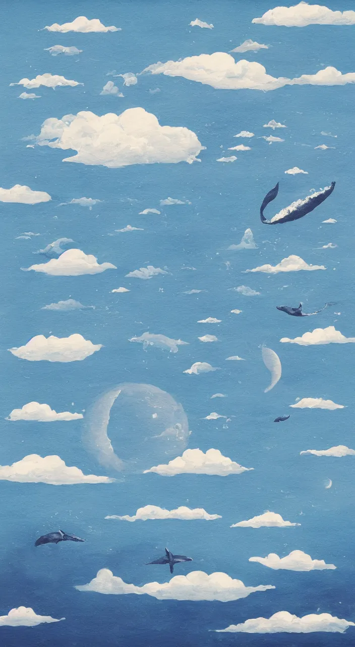 Image similar to ocean in the sky, whales, clouds, moon, water