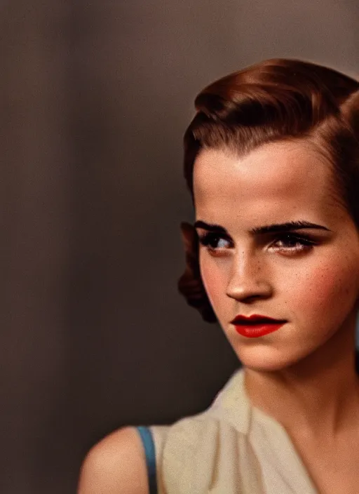 Image similar to Retro color photography 1940s portrait Hollywood headshot of Emma Watson Cinestill 800T, 1/2 pro mist filter, and 65mm 1.5x anamorphic lens