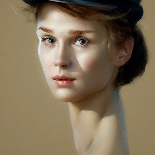 Image similar to A portrait of a sincere-looking girl, oil on canvas, wearing a hat made by wires ,masterpiece, hi-fructose, artgerm , Norman rockwell, craig mullins, n, trending on pxiv, highly detailed face, clear eyes concept art, hdri, 4k-