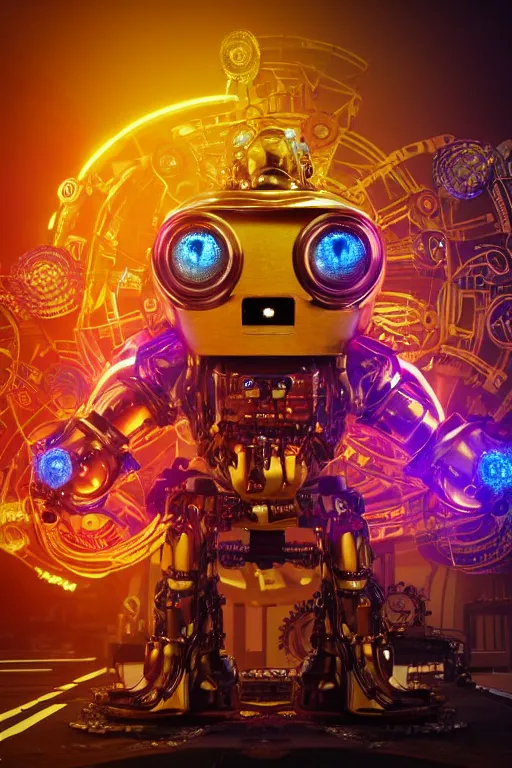 Prompt: portrait photo of a giant huge golden and blue metal futuristic steampunk robot covered with multicolored big guitars and gears and tubes, eyes are glowing red lightbulbs, shiny crisp finish, 3 d render, 8 k, insaneley detailed, fluorescent colors, background is multicolored lasershow