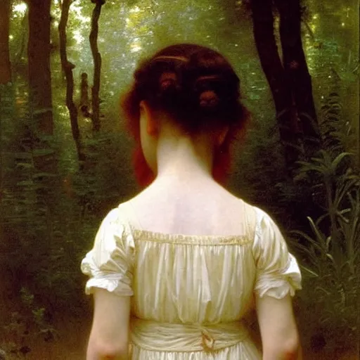 Prompt: i see the back of a little girl in a flowery dress walking away into a forest,, art by william - adolphe bouguereau