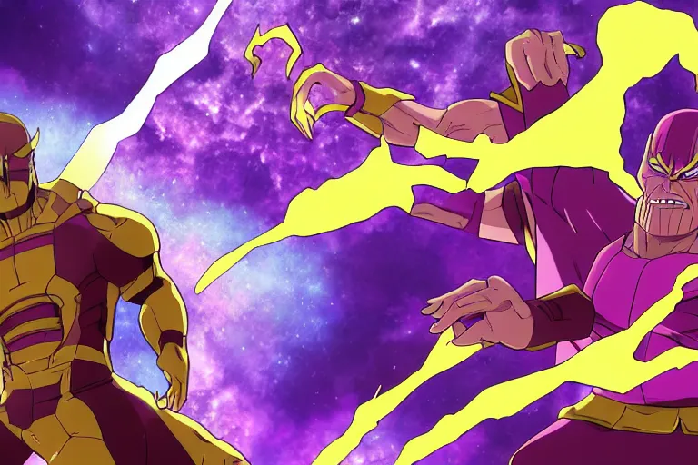 Prompt: Epic anime clash between Thanos and Shaggy, digital art, final confrontation, animated series, epic scene, zoom lines, 4k
