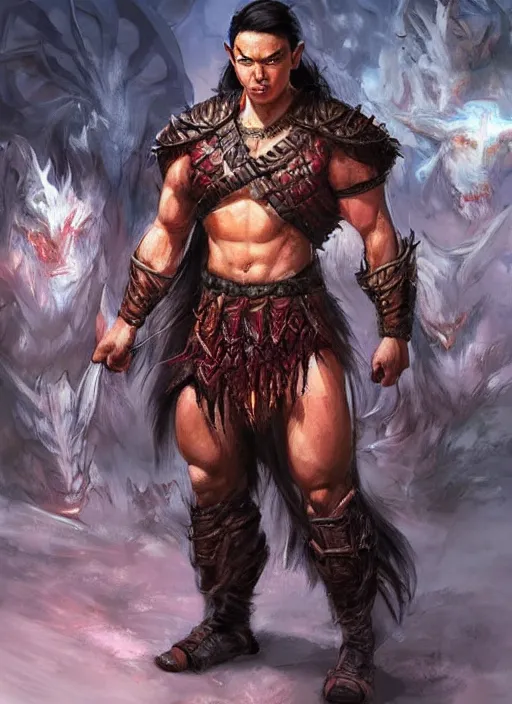 Image similar to muscly asian man with medium black parted hair, dndbeyond, bright, colourful, realistic, dnd character portrait, full body, pathfinder, pinterest, art by ralph horsley, dnd, rpg, lotr game design fanart by concept art, behance hd, artstation, deviantart, hdr render in unreal engine 5