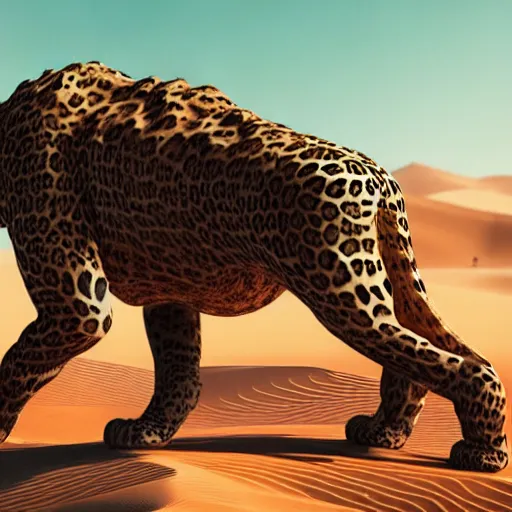 Image similar to android leopard in the middle of the desert, matte metal and chrome :: by beeple and James Gilleard and Justin Gerard :: ornate, dynamic, particulate, intricate, elegant, highly detailed, centered, artstation, smooth, sharp focus, octane render, 3