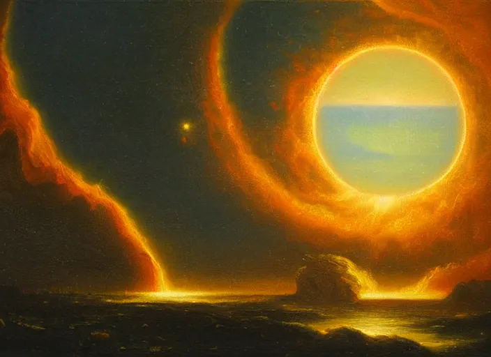 Image similar to the impact of the planet gaia on the earth, right before the moon forms, seas of fire everywhere. in the style of hudson river school of art, oil on canvas