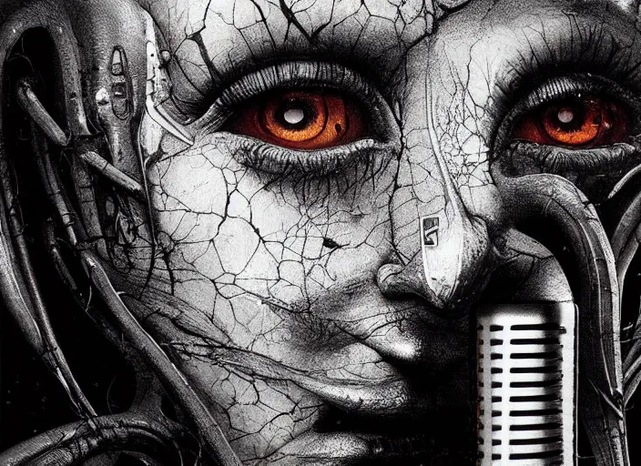 Image similar to a dream microphone in a dystopic world full of aberration, black & white, melting, webbing, 8 k, by tristan eaton, stanley artgerm, tom bagshaw, greg rutkowski, carne griffiths, ayami kojima, beksinski, giger, trending on deviantart, face enhance, hyper detailed, minimalist, horror, alien