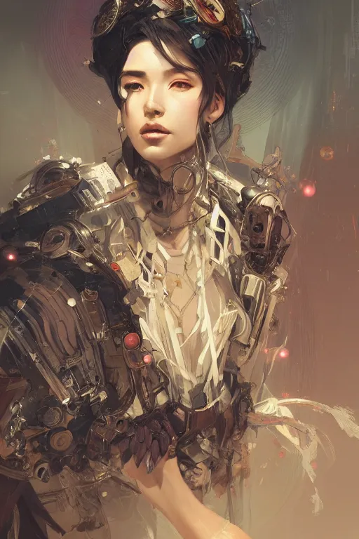 Image similar to A full portrait of a powerful beautiful futuristic dystopian junktown Japanese techromancer sorcerer enchanter, intricate, elegant, highly detailed, digital painting, artstation, concept art, smooth, sharp focus, illustration, art by Krenz Cushart and Artem Demura and alphonse mucha