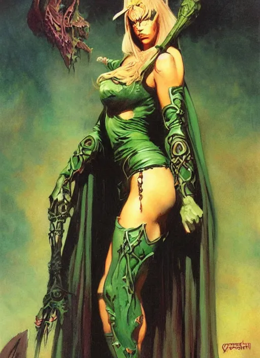 Image similar to ample female necromancer sorceress, green tiara, strong line, deep color, beautiful! coherent! by frank frazetta, by brom, low angle