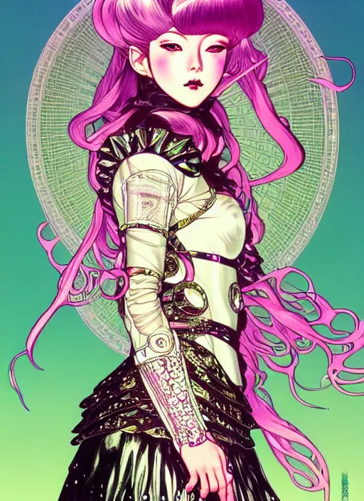 Image similar to highly detailed terada katsuya artgerm artstation shinny fluorescent gradient reflection minaba hideo manga poster of princess mechine, long hair, armor, dress, laces, ruffles, 8 k, maximalist, jump comics, tomer hanuka, alphonse mucha